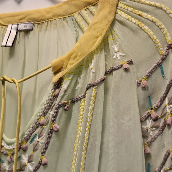 Blank London Pale Green and Yellow Sheer Embroidered Peasant Blouse - Size XS - Picture 5 of 11